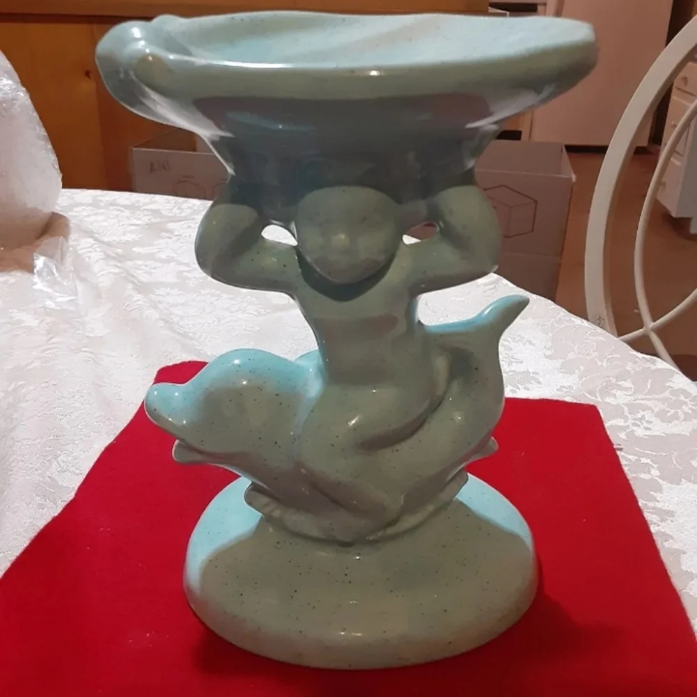 VINTAGE 70'S HOLLAND MOLD CERAMIC CHERUB ON DOLPHIN PEDESTAL SOAP DISH FIGURINE.